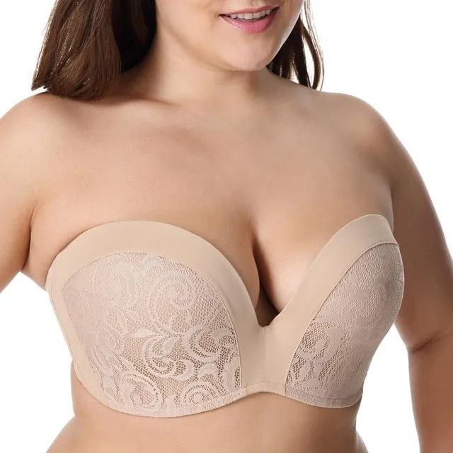 Women's Slightly Padded Push Up Great Support Lace Strapless Bra