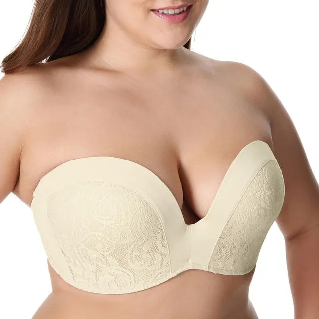 Women's Slightly Padded Push Up Great Support Lace Strapless Bra