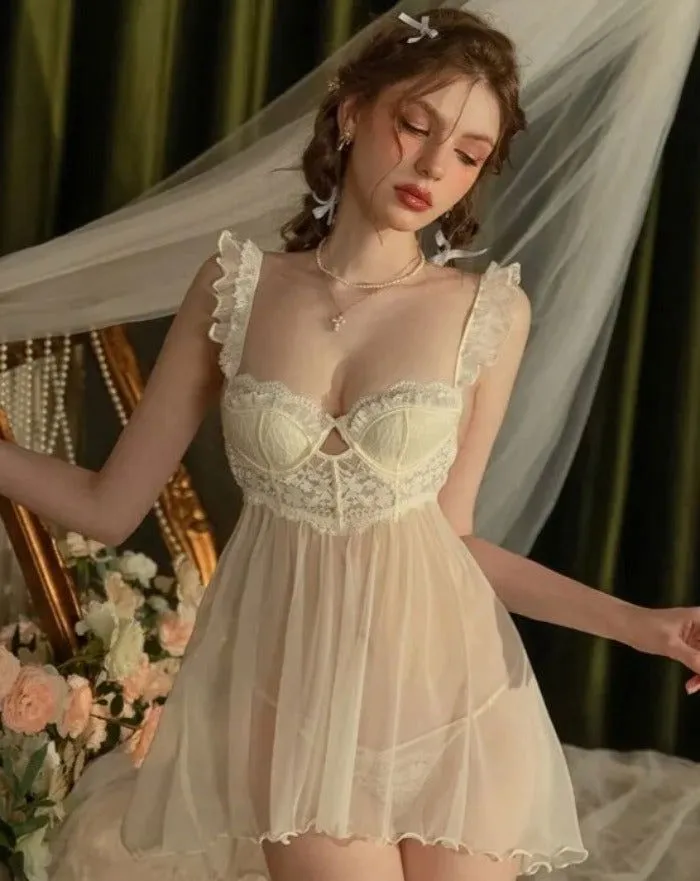 Yellow Lacey with Chest pad Nightdress