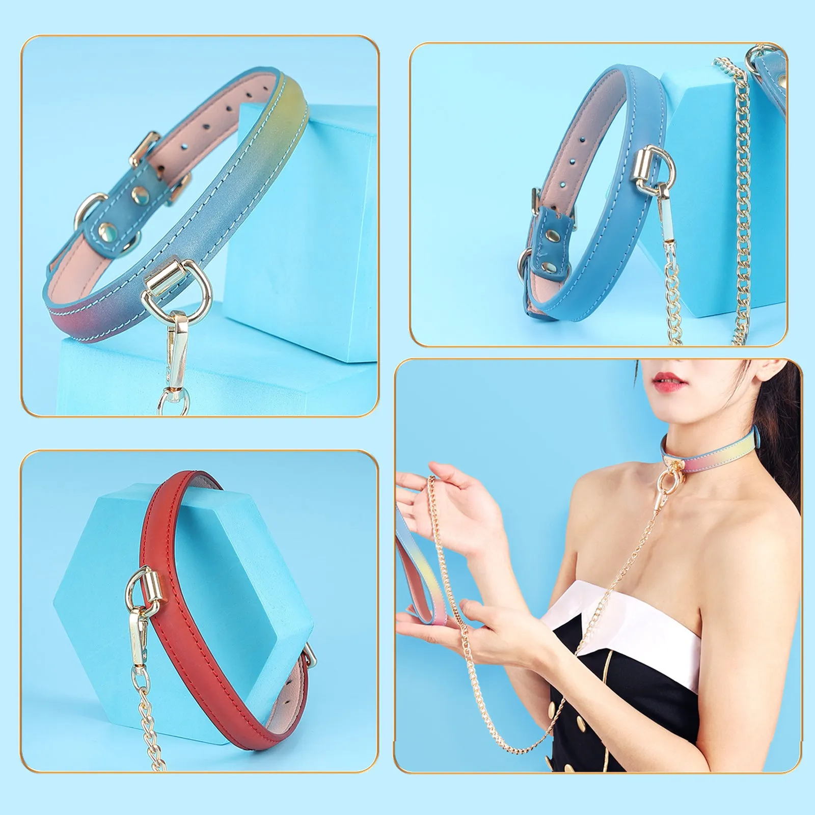 Yomorio Chain Choker Leash Reflective Leather Gothic Necklace Nightclub Leash Belts Neck Accessories