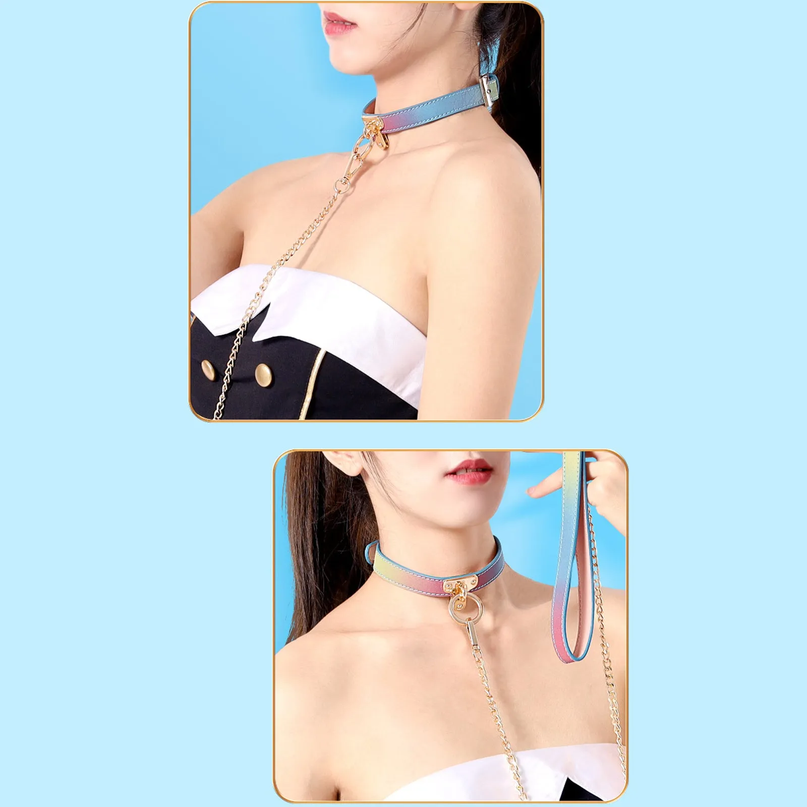Yomorio Chain Choker Leash Reflective Leather Gothic Necklace Nightclub Leash Belts Neck Accessories