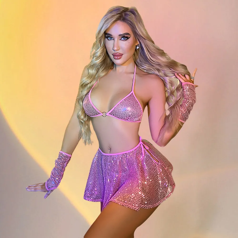 Yomorio Sequin Skirt Sets Sexy Striper Outfits Glitter Halter Triangle Bra and Thong Set