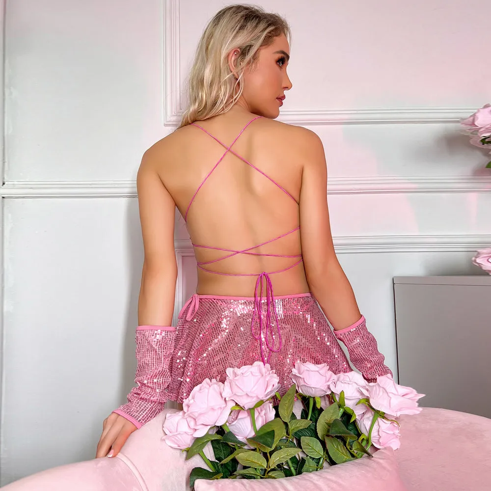Yomorio Sequin Skirt Sets Sexy Striper Outfits Glitter Halter Triangle Bra and Thong Set