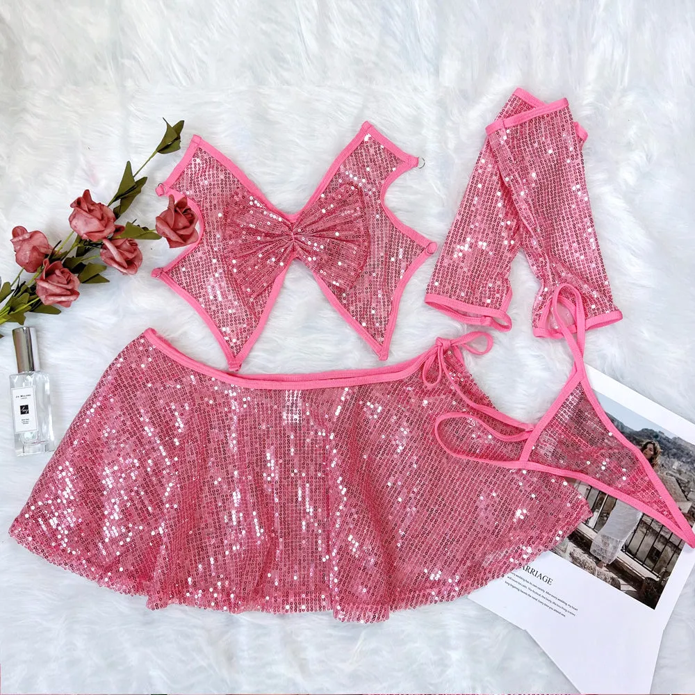 Yomorio Sequin Skirt Sets Sexy Striper Outfits Glitter Halter Triangle Bra and Thong Set