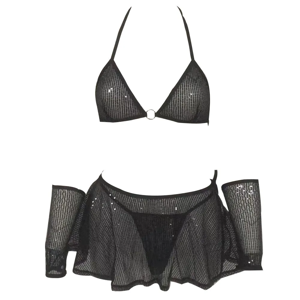 Yomorio Sequin Skirt Sets Sexy Striper Outfits Glitter Halter Triangle Bra and Thong Set