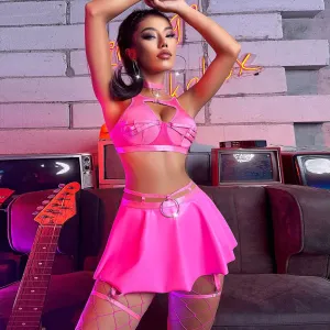 Yomorio Sexy 2 Piece Club Outfits Latex Skirt Set Hollow Out Dress Set for Party Club